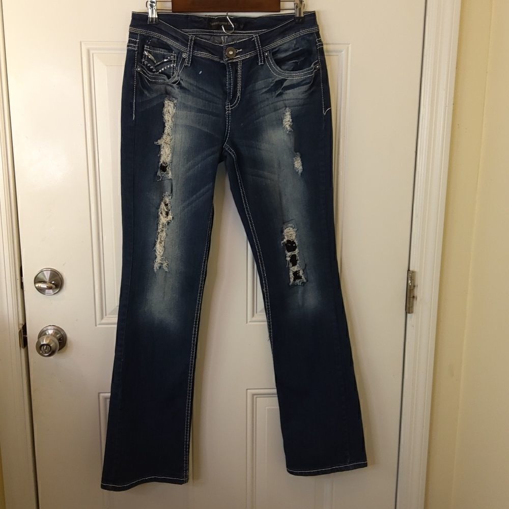 Twenty-one black five pocket distressed curvy slim bootcut jeans